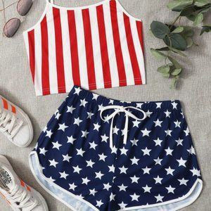 XS Striped Crop Cami Top & Star Track Shorts Se
